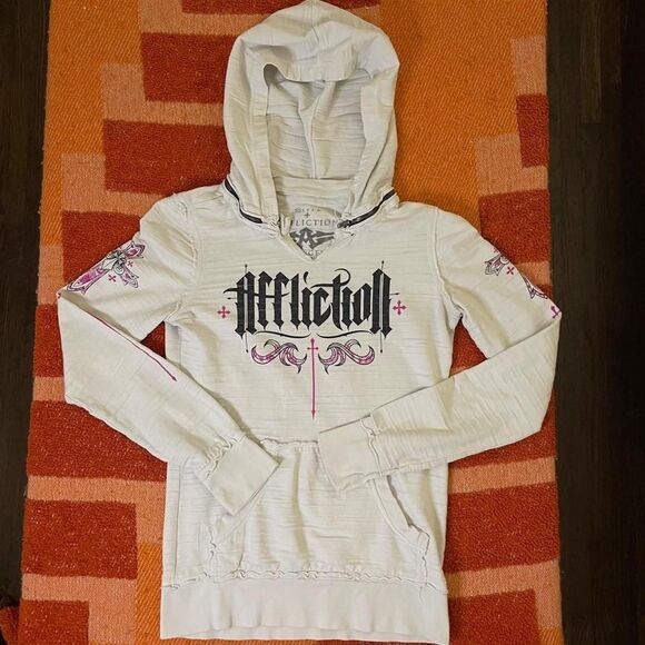 Affliction Tops - Affliction White Hoodie Pullover Lightweight Pink Angel Wings XS